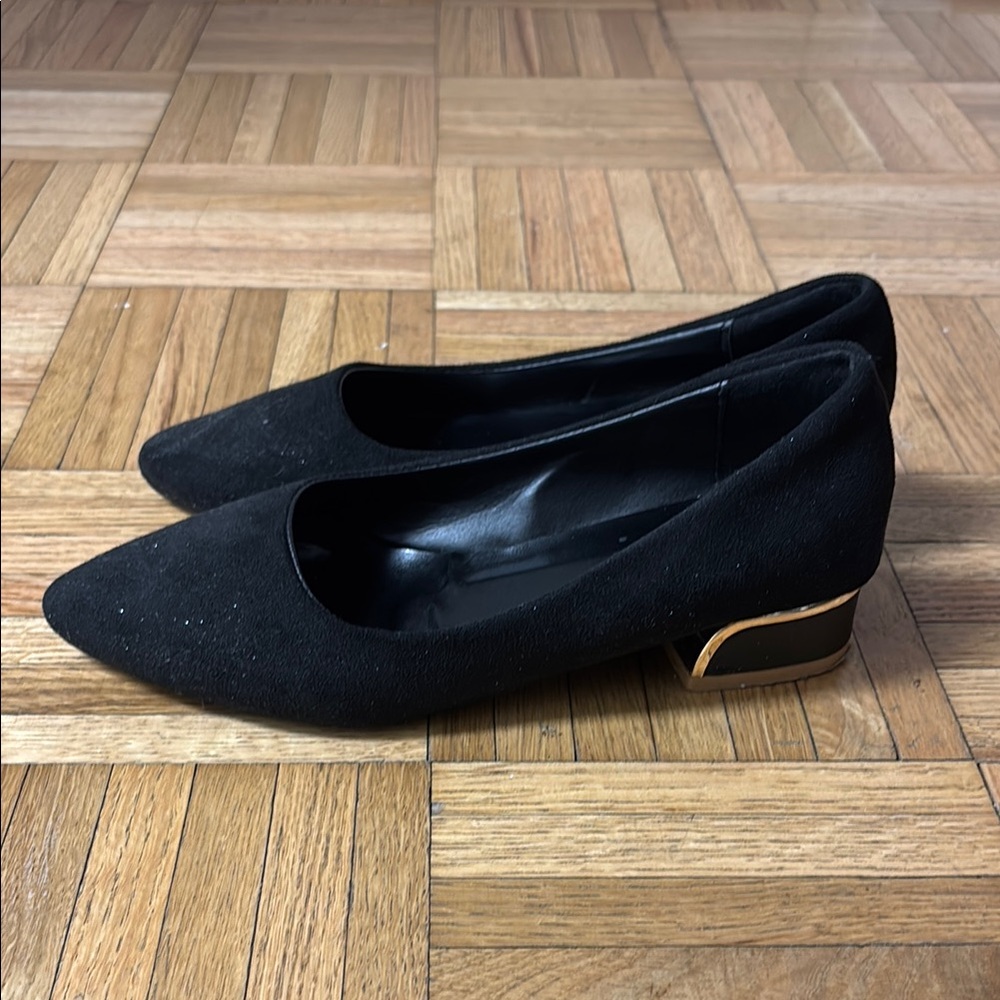 Black Suede Heels with Pointed Toe and Low Block Heel